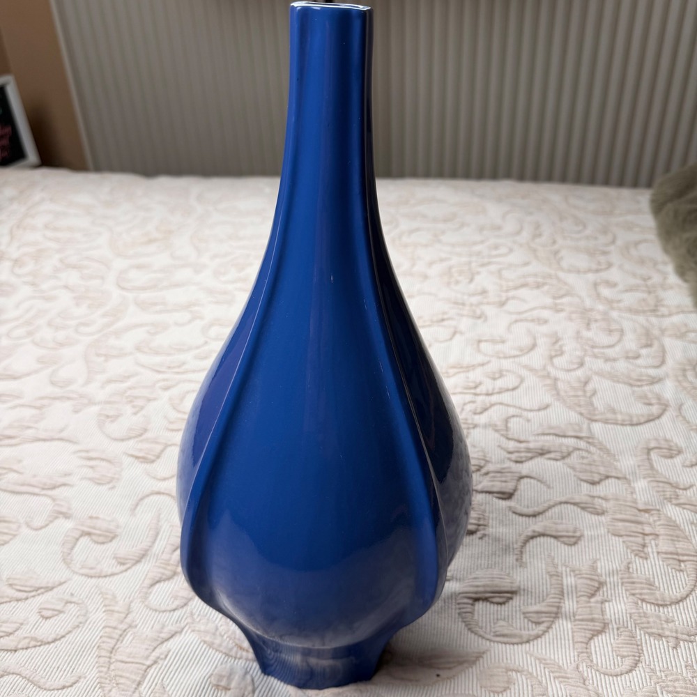 Modern Cobalt Blue Ribbed Ceramic Teardrop Bud Vase 15.5 Inch Tall Glossy Finish